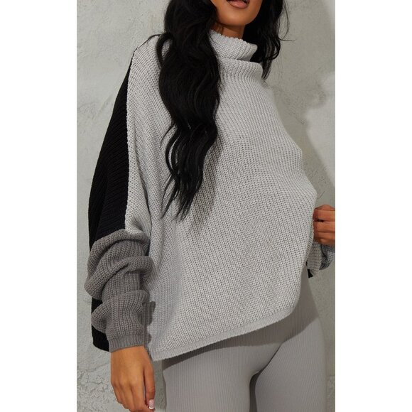 PrettyLittleThing Sz. M New Black/Gray Oversized Color Block Sweater - Picture 1 of 13